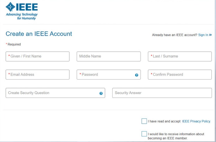 الحقول الأساسية لإنشاء حساب IEEE