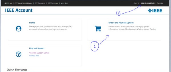 قسم Orders and Payment Options في حساب IEEE